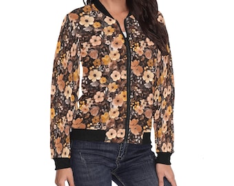 Brown Floral Women Bomber Jacket, Fall Autumn Flowers Ladies Female Zip Up Streetwear Winter Vintage Pilot Varsity Warm Designer Coat