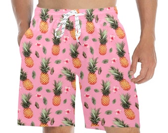 Pink Pineapple Men Swim Trunks, Tropical Mid Length Shorts Beach Surf Swimwear Front Back Pockets Mesh Lining Drawstring Bathing Suit