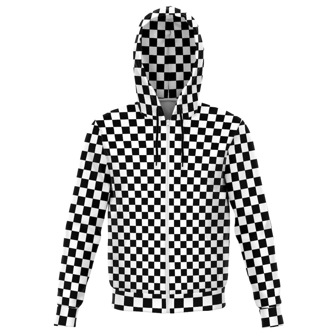 Black White Check Zip up Hoodie, Checkered Racing Front Zip Black White Check Zip up Hoodie, Checkered Racing Front Zip