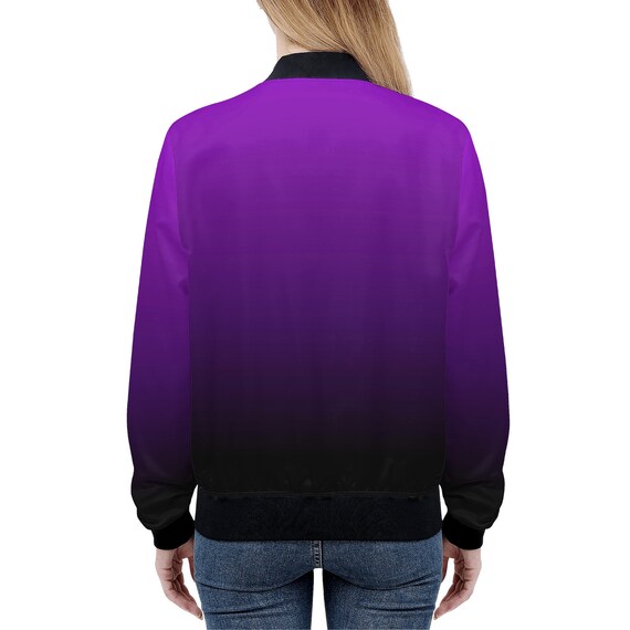 Purple Ombre Women Bomber Jacket, Black Tie Dye Gradient Zip