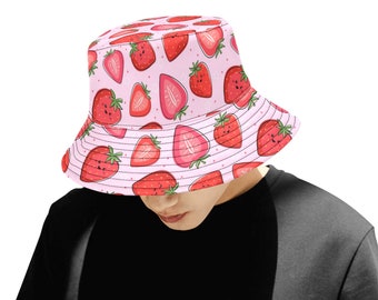 Strawberry Bucket Hat, Pink Fruit Golf Cool Retro Vintage Summer Festival Cute Women Men Reversible Designer Beach Sun Shade Y2K Twill