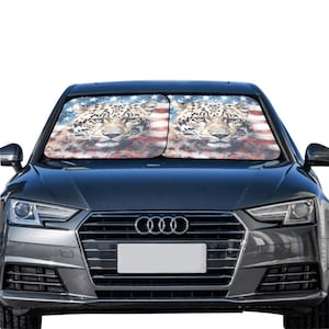 Leopard Car Sun Shade 2 Piece Set, American Flag Print Windshield Side Window Foldable Auto SUV Trucks Protector Visor Screen Cover Blocker