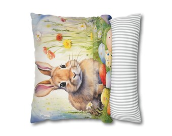 Federa per cuscino con uova di Pasqua, coniglietto, fiori primaverili, copertura decorativa quadrata, decorazione per la stanza, cuscino per divano, 20 x 20 cm, con cerniera. - Italia
