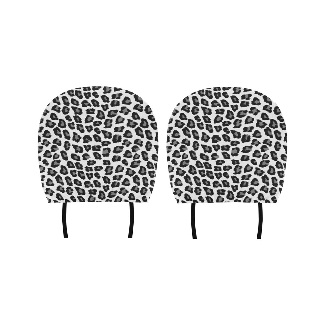 Snow Leopard Car Seat Headrest Cover 2pcs, Animal Print Black White