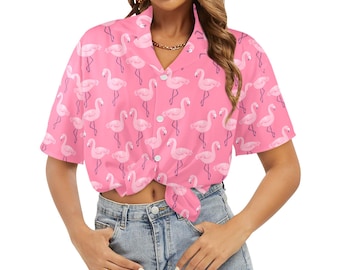 Pink Flamingo Women Hawaiian shirt, Tropical Print Vintage Retro Hawaii Button Up Down Plus Size Ladies Aloha Blouse