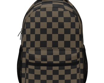 May include: A backpack featuring a repeating checkered pattern in shades of dark brown and black. The bag includes a main zippered compartment, a smaller front zippered pocket, a top handle, and black mesh side pockets for storage.