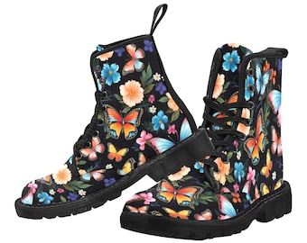 Floral Butterfly Women's Boots, Monarch Flowers Pattern Vegan Canvas Festival Party Lace Up Shoes Fashion Print Ankle Combat Casual Custom