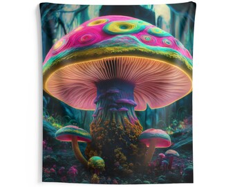 May include: A psychedelic tapestry featuring a large, colorful mushroom with a pink and yellow cap and a purple stem. The mushroom is surrounded by smaller mushrooms in a dark forest setting.