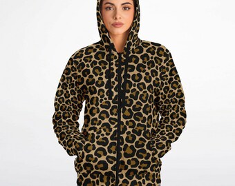 Leopard Zip up Fleece Lined Hoodie, Animal Print Brown Cheetah