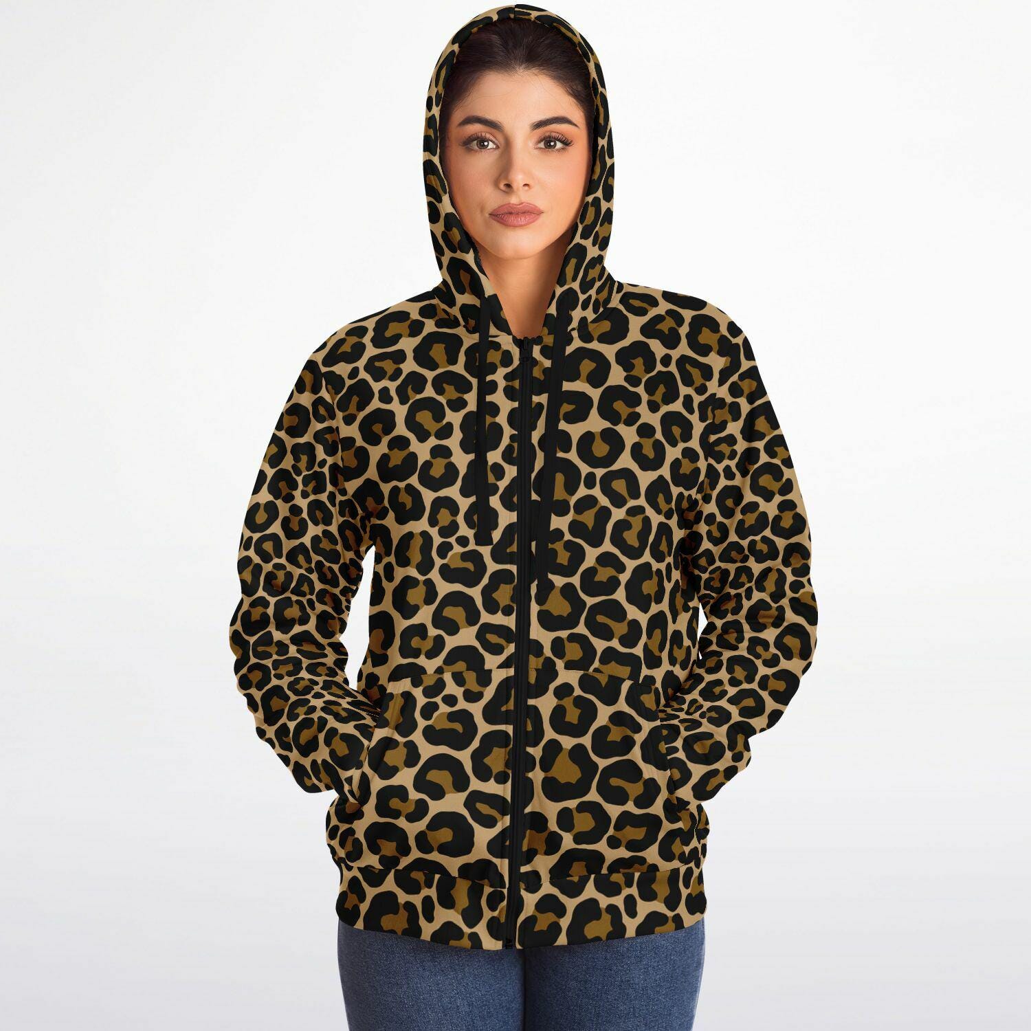 Leopard Zip up Fleece Lined Hoodie, Animal Print Brown Cheetah