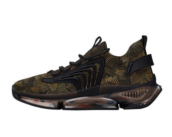 Gold and Black Men Air Cushion Sneakers, Breathable Mesh Running Sport Printed Lace Up Trainers Designer Casual Gym Shoes Footwear
