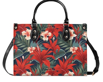 Red Flowers Shoulder Purse, Floral Tropical Crossbody Vegan Leather Top Handle Handbag Print Small Large Bag Women Ladies Designer Tote