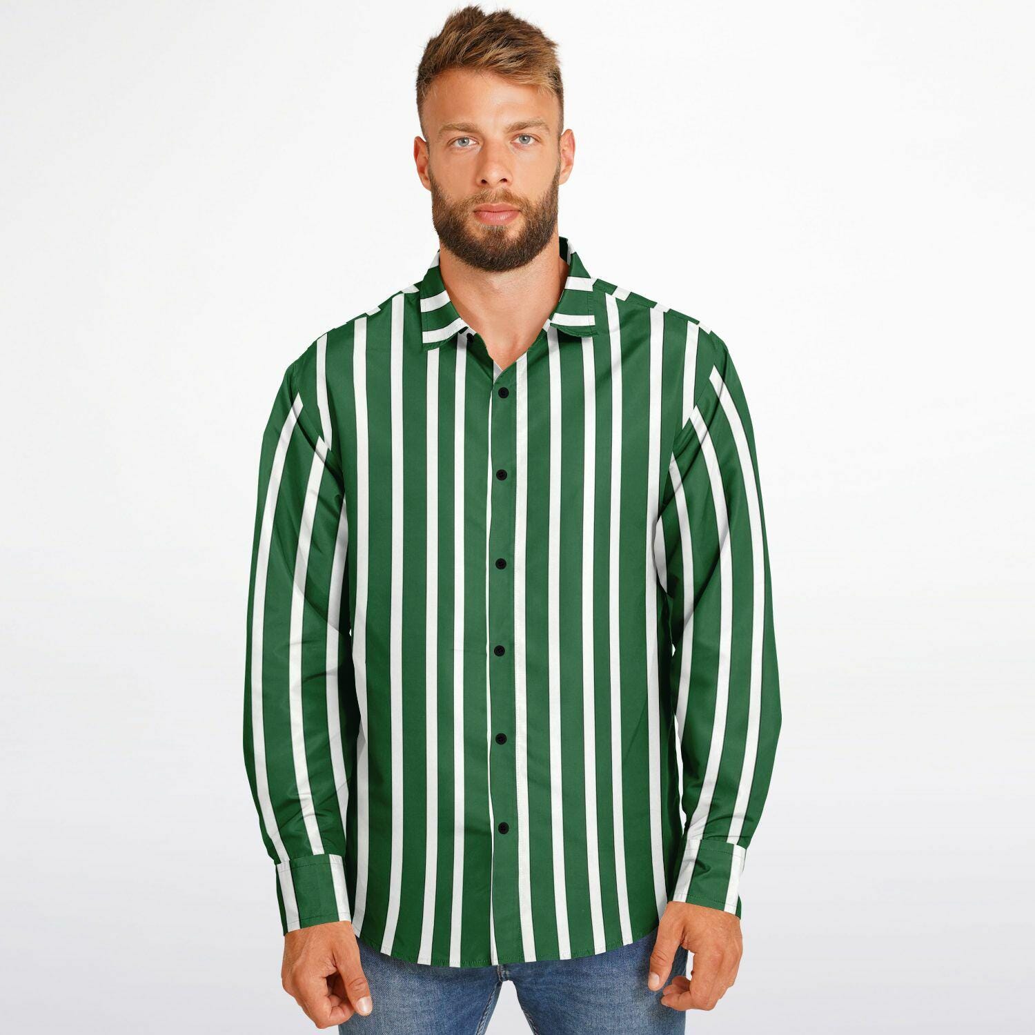green and white striped dress shirt Green White Striped Long Sleeve Men Button Up Shirt, Vertical Stripes Guys Male Print Buttoned Down Collared Graphic Casual Dress Plus Size