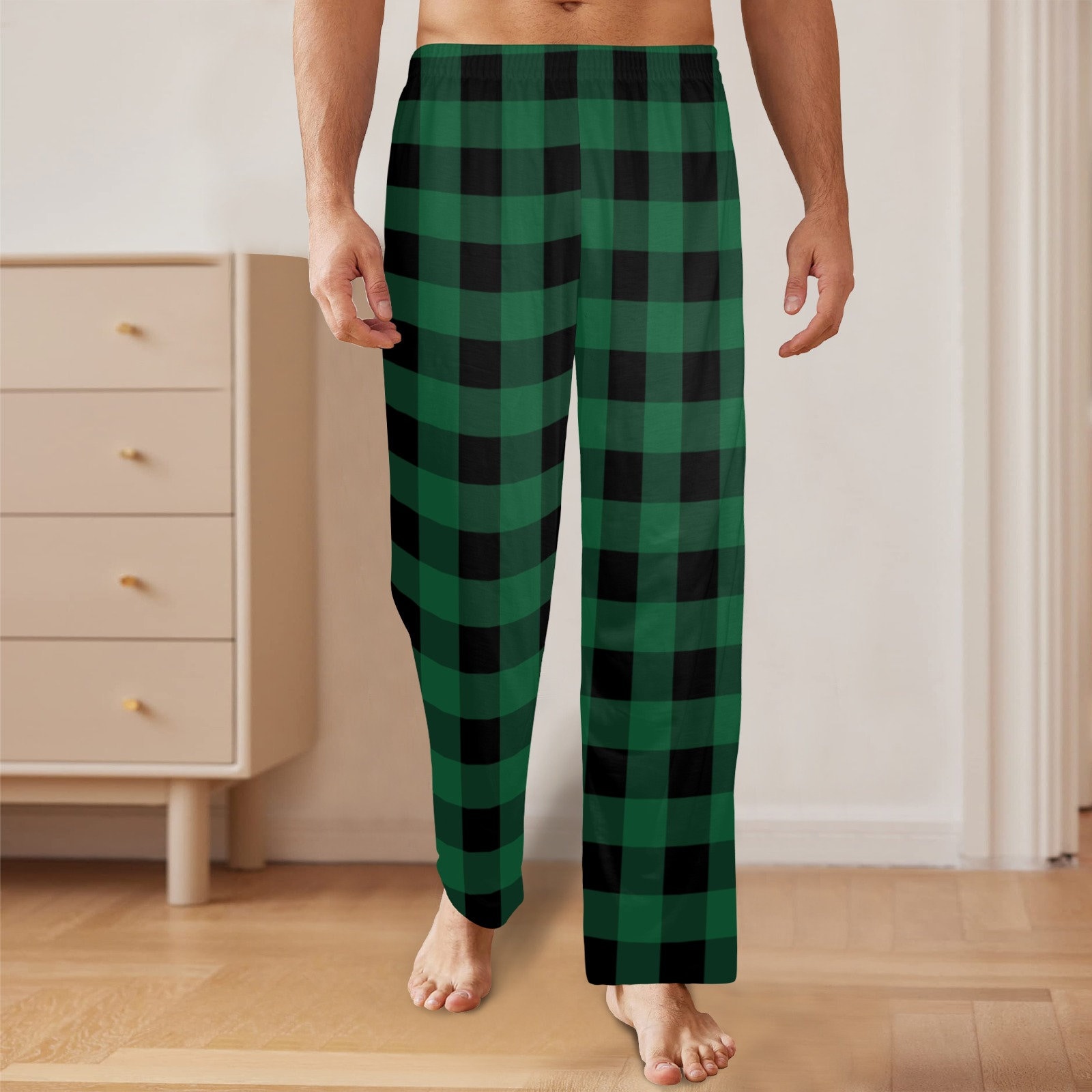 Green Buffalo Plaid Men Pajamas Pants, Black Tartan Check Christmas Xmas  Satin PJ Pockets Sleep Trousers Couples Matching Trousers Bottoms 