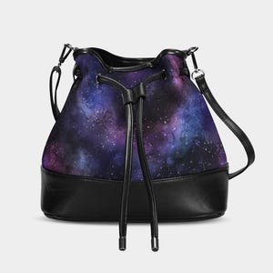 Galaxy Universe Mini Bucket Bag, Space Purple Stars Handbag Purse Women Ladies Canvas Vegan Leather Drawstring Designer Small Shoulder