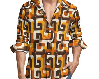 Camicia a maniche lunghe da uomo retrò anni '70 con bottoni, stampa geometrica vintage marrone arancione, colletto abbottonato, camicia casual con taschino sul petto