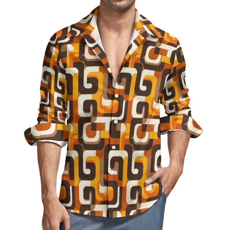 VTG 70s BIG COLLAR MENS POLY SMOCK SHIRT GEOMETRIC PSYCHEDELIC PRINT 36” (34) XS