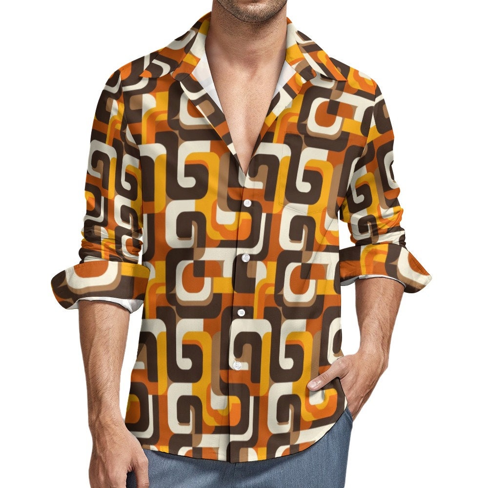 70s Retro Long Sleeve Men Button up Shirt, Geometric Vintage