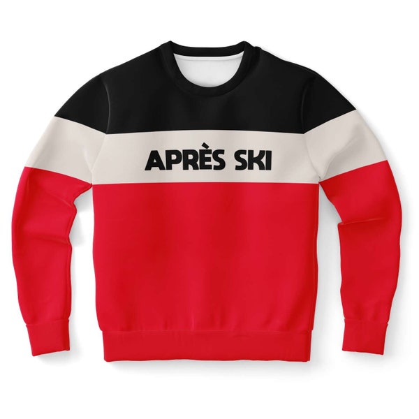 Apres Ski Sweatshirt, Damen Herren Schwarz Rot Farbe Blockskifahrer Schnee 90er Vintage Retro Baumwolle Winter Urlaub Bergpullover