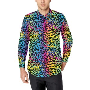 Regenbogen Leopard Männer Button Up Shirt, bunte Langarm Animal Print geknöpft Kragen männlich Jungs Casual Dress Shirt Brusttasche