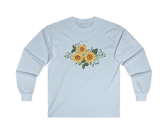 Sunflower Long Sleeve Shirt, Yellow Flower Floral Art Print
