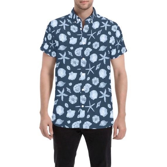 Blue Ocean Short Sleeve Men Button up Shirt, Beach Blue Sea Shells