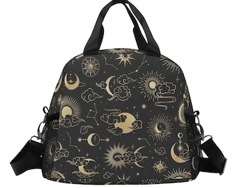 Sun Moon Insulated Lunch Box Bag, Stars Constellation Cute Food Container Adult Kids Women Teens Men Black School Work Handbag