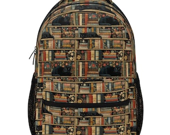 Black Cat Reading Backpack, Library Floral Men Women Kids Books School College Waterproof Pockets 15 Inch Laptop Travel Bag