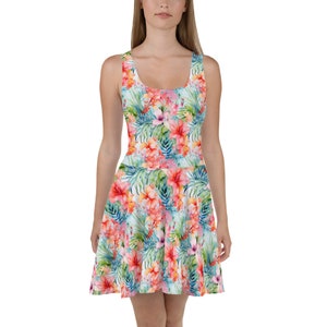 Robe patineuse tropicale pour femme, fleurs roses, imprimé floral, été, sans manches, mini courte, mignonne, dames, vacances, cocktail, sexy, tenue décontractée