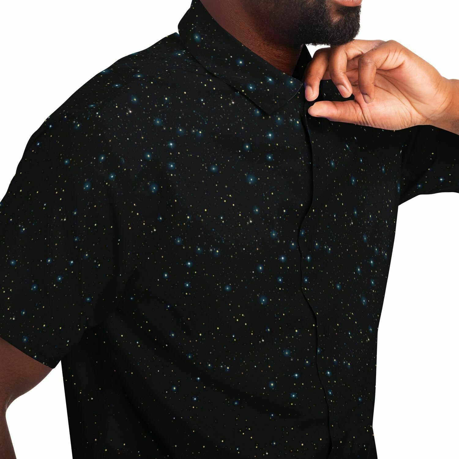 constellation dress shirt Black Constellation Space Long Sleeve Men Button Up Shirt, Universe Galaxy Gold Stars Print Buttoned Guys Collared Casual Dress Chest Pocket