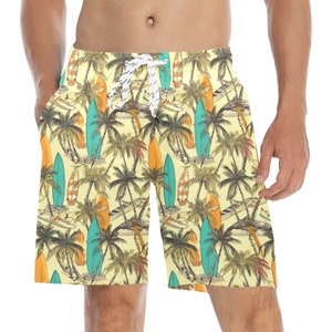 Palm Tree Men Swim Trunks, Vintage Surfboards Tropical Beach Mid Length Shorts Pockets Mesh Drawstring Casual Bathing Suit Summer Plus Size