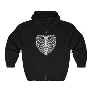 Skeleton Heart Hoodie Zip Up, Skull Rib Cage Bones Halloween Gothic Y2K Full Zip Men Women Adult Aesthetic Graphic Hooded Sweatshirt Pockets