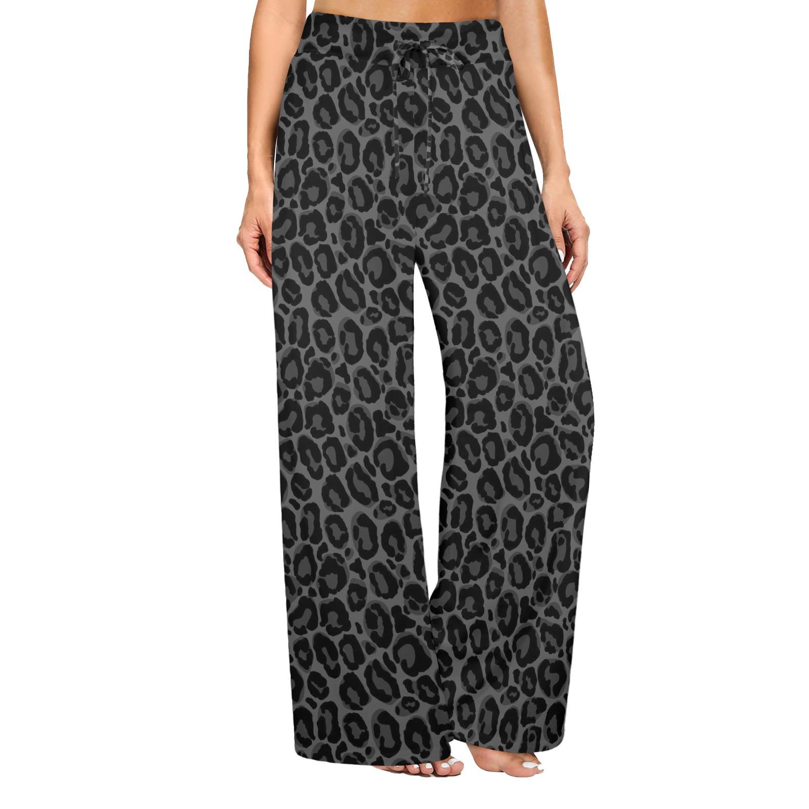 Black Grey Leopard Women Wide Leg Pants Pockets, Cheetah Animal