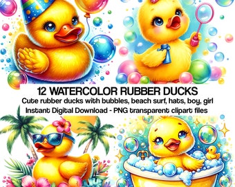 12 Rubber Duck Clipart Bundle Digital Instant Download PNG Files, Cute Yellow Watercolor Art Print Free Commercial Use Sublimation Design