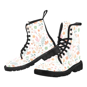 White Floral Combat Boots Women, Pink Flowers Vegan Canvas Lace Up Shoes Print Black Ankle Casual Custom Gift
