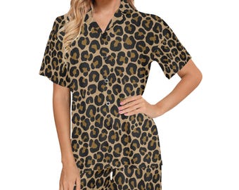 Conjunto de pijama de leopardo, pijama de descanso con estampado animal de guepardo, camisa de dormir de manga corta, pantalones cortos, pijama de verano de talla grande, pijama de diseñador con botones.
