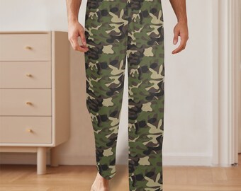 Pantalones de pijama de camuflaje para hombre, bolsillos de PJ de satén de camuflaje verde, pantalones de salón para dormir, pantalones a juego para parejas