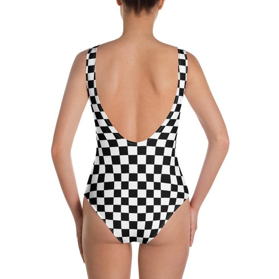 Checkered Flag One Piece Swimsuit Black White Racing Check
