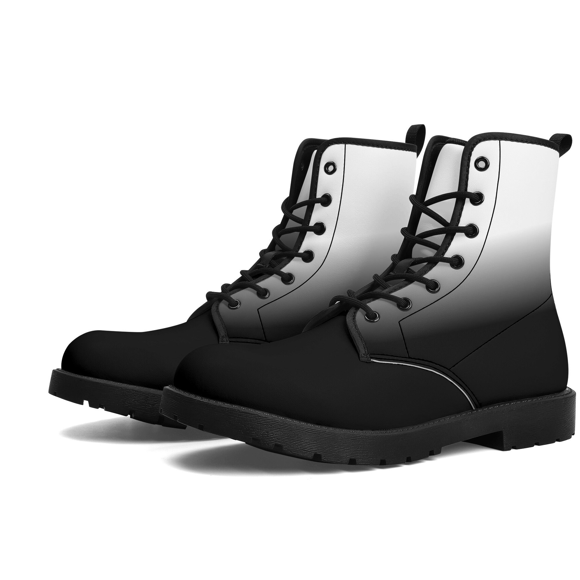 Black White Ombre Men Leather Boots, Tie Dye Gradient Vegan 