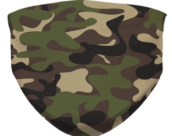 Green Army Camouflage Face Mask With Filter Pocket, Camo Adult Kids Ear Loop Washable Reusable Fabric Cloth Mouth Cover Fashion
