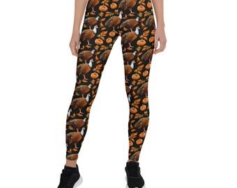 Thanksgiving Leggings Women Ladies, Turkeys Pumpkins Fall Autumn Leaves Printed Yoga Pants Cute Graphic Workout Designer Tights