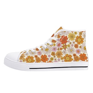 Retro Floral Women High Top Shoes, Vintage Orange Pink Lace Up Sneakers Footwear Canvas Streetwear Ladies Girls White Trainers Designer