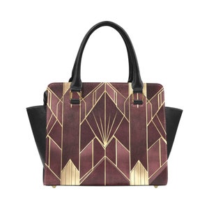 Sac à main bourse art déco bordeaux, marron imprimé or mignon cuir végétalien designer femmes dames femme fourre-tout haut poignée zippée sac bandoulière