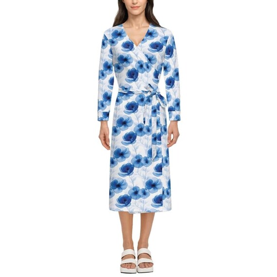 Blue Floral Women Wrap Midi Dress, Flowers 3 4 Quarter Long Sleeves V  Neckline Print Swing Evening Cocktail Party Cute Handmade Maxi Ladies - Etsy