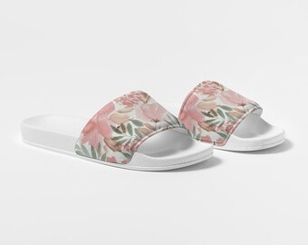 Pink Flowers Women Slides Sandals, Watercolor Floral White  display picture 3