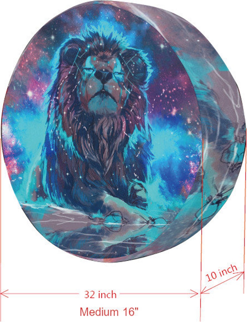 May include: A round, 32 inch diameter, 10 inch thick, blue and purple galaxy print with a black lion in the center. The lion has a blue mane and a white background.