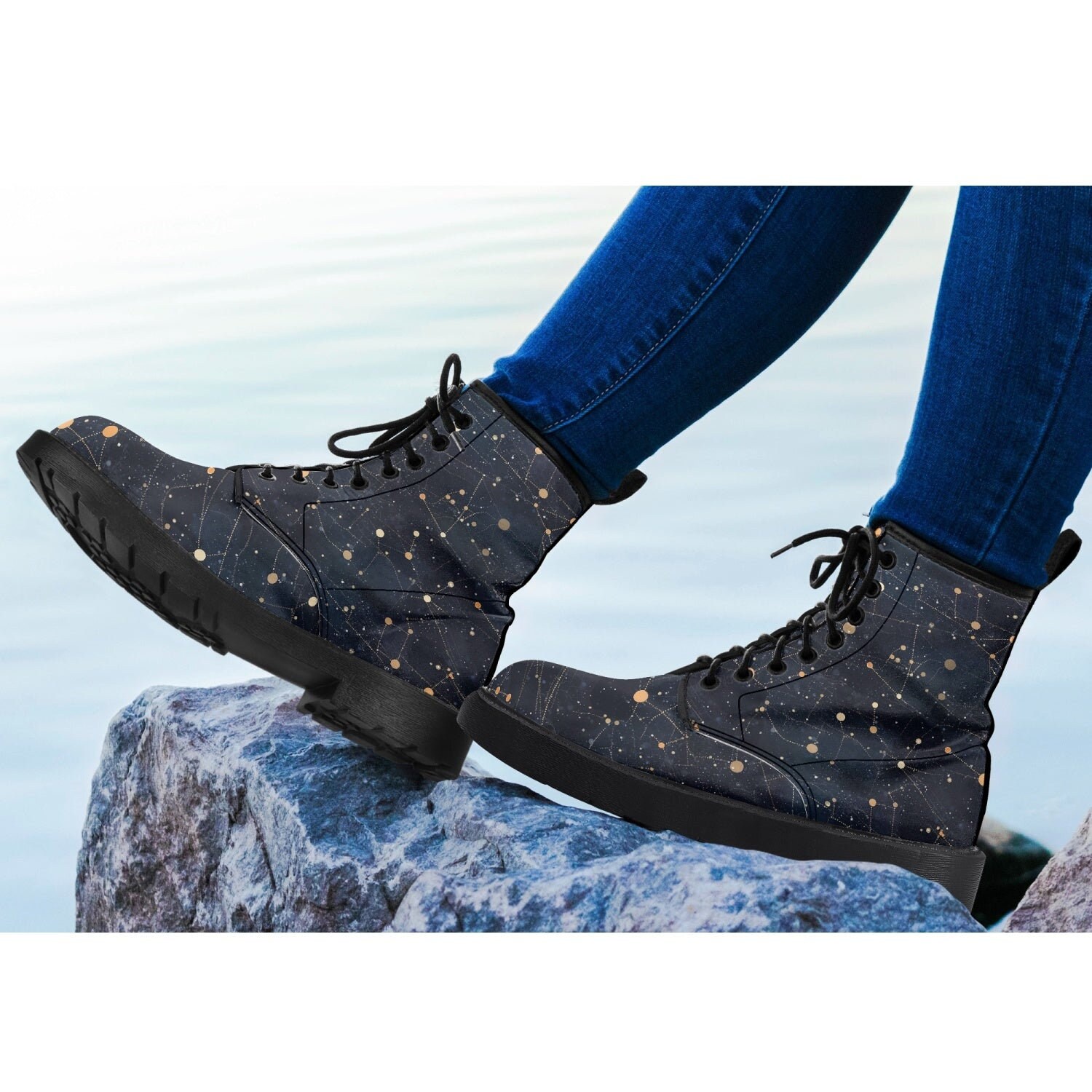 Constellation Stars Leather Boots, Galaxy Space Lace up Shoes