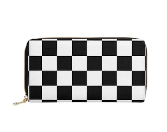 Cartera de cuero a cuadros para mujer, cremallera vegana a cuadros en blanco y negro con cremallera alrededor de monedas, tarjetas de crédito, bolsillo en efectivo, bolso de mano delgado para mujer