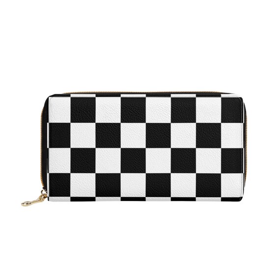 Checkered Leather Wallet Women, Black White Check Vegan