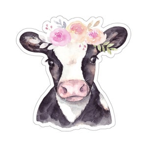 Cow Flowers Sticker, Watercolor Farm Floral Animal Laptop Decal Vinyl Cute Waterbottle Tumbler Car Waterproof Aesthetic Die Cut Wall Mural image 4